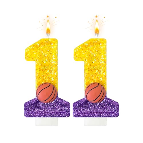 Basketball Number 11 Birthday Candle - Purple Gold Cake Topper for Sports Party