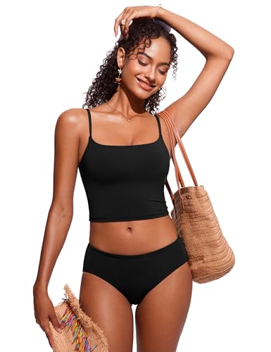 Women's Medium Black Cami Strap Longline Bikini Top - Quick Dry, Supportive
