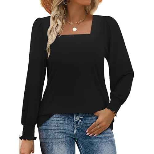 MixShe Womens Square Neck Blouses 2025 Fall Fashion Long Sleeve Casual Stretchy Pullover Tops