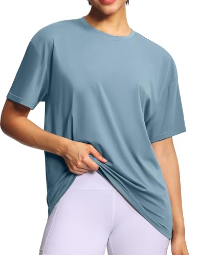 Women's Oversized Workout T-Shirt - Crewneck Basic Gym Top, Large Grey Blue