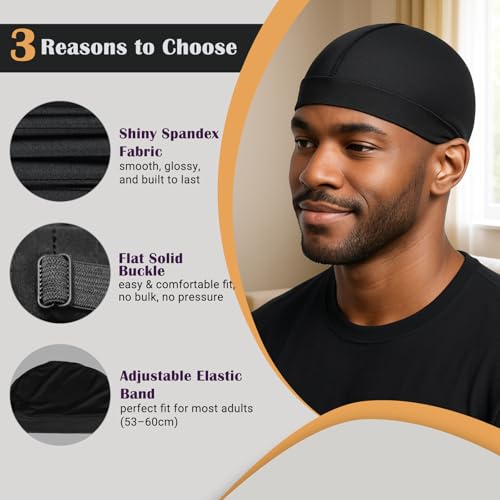 Adjustable Wave Cap for Men Black+Black - Elastic Stocking Cap for 360/540/720 Waves
