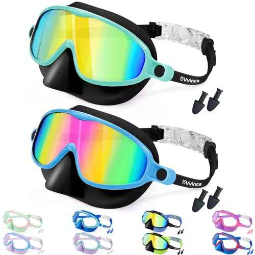 Vvinca Swim Goggles with Nose Cover, 2 Pack Wide View Diving Mask Anti-Fog UV No Leak Toddlers Swimming Goggles for Kids 3-15