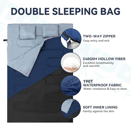 Lightweight Double Sleeping Bag for Adults and Kids - Black, 5.3 Lbs