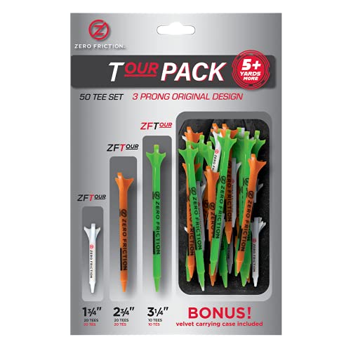 Zero Friction Golf Tee Variety Pack Tour - 50 Tees with Bonus Velvet Pouch