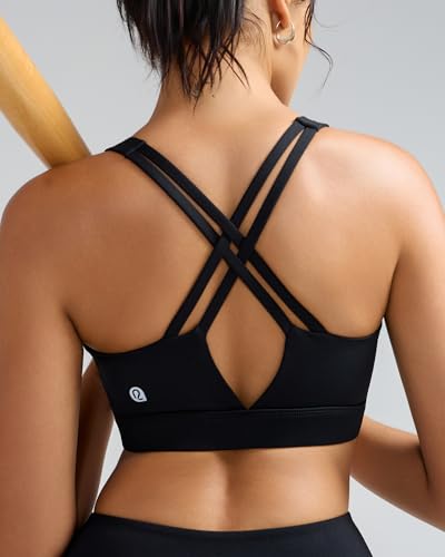 Running Girl Women’s High Support Sports Bra with Molded Cups & Strappy Design - Black, Medium