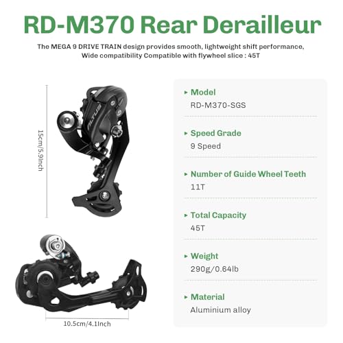 9 Speed Bike Rear Derailleur Altus RD-M370 SGS - Direct Mount, 11T Pulleys, 45T Capacity