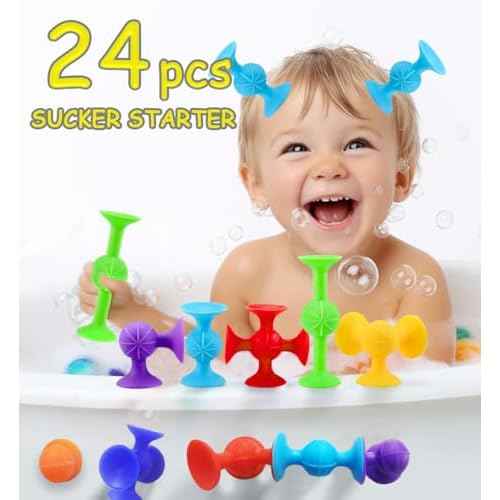 Suction Bath Toys for Baby, 24 Piece Starter Set Suction Cup Toys Preschool Sensory Fidget Toys for Toddlers 1-3 4-8 | No Hole Bath Toy | BPA Free Bath Toys (Large Size)