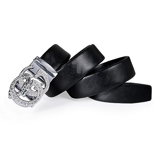 Men's Leather Ratchet Dress Belt with Sliding Buckle - Silver Dragon01, 36-45 Inches