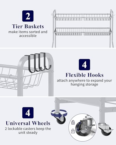 Kitsure Sports Equipment Organizer with Wheels - Black, 40"D x 16.7"W x 45.6"H Garage Ball Storage Rack