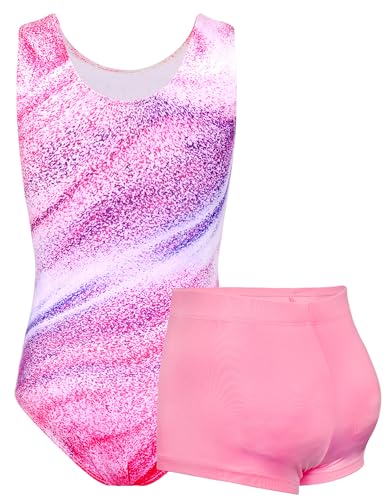 Girls' Gymnastics Leotard Set with Matching Shorts - Pink Stripe, 7-8 Years