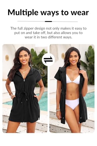 Large Women's Hooded Terry Cloth Swim Cover Up with Zipper & Pocket - Black