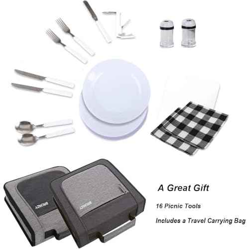 BRONZY Picnic Set Camping Cutlery Organizer Dinnerware Set - Mess Kit,Portable Eating Set with Plates,Spoons,Knives,Wine Opener,Forks,Napkinsc (16pcs/24pcs)