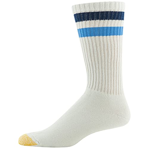 Men's Cotton Crew Athletic Socks - 6 Pairs Stripe White & Light Blue, Large