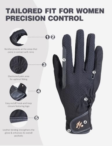 Women Horse Riding Gloves Black Medium - Equestrian Gloves for Women