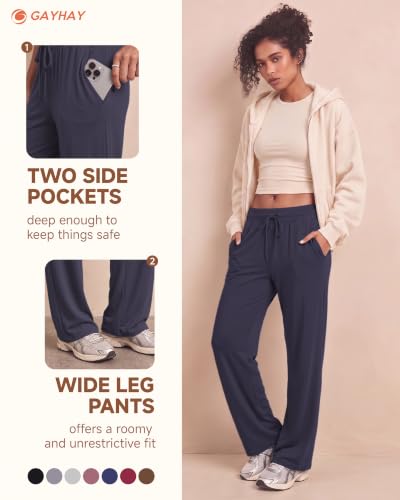 GAYHAY 4 Pack Women's Wide Leg Lounge Sweatpants with Pockets - Large Dark Grey, Black, Navy Blue, Wine