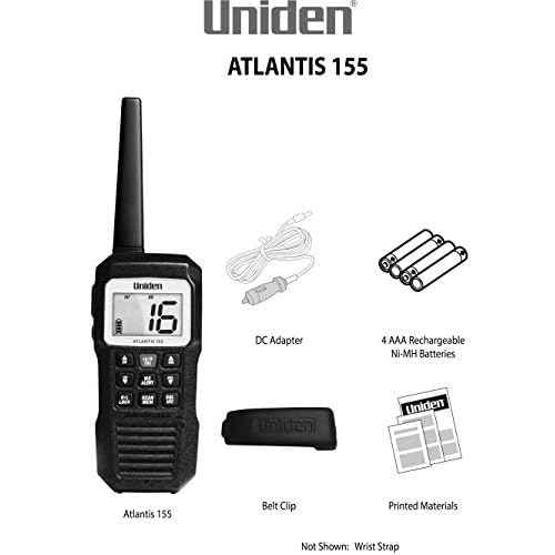 Uniden Atlantis 155 Handheld Two-Way VHF Marine Radio, Floating IPX8 Submersible Waterproof, Dual-Color Screen, All USA/International/Canadian Marine Channels, NOAA Weather Alert, 10 Hour Battery