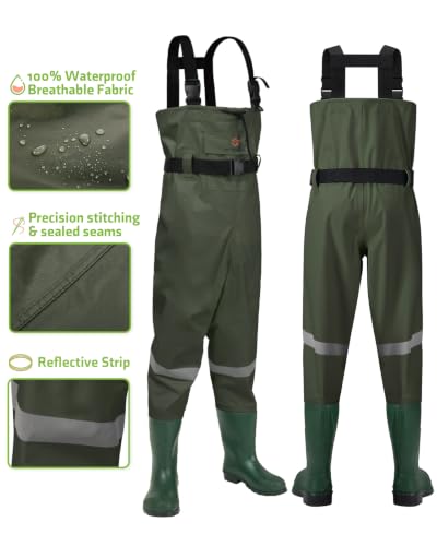 Kids Chest Waders with Boots - Youth Waterproof Fishing Waders for Boys, Green 8/9 Big Kid