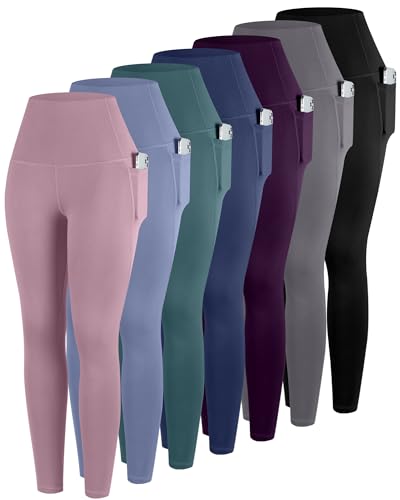 High Waisted Workout Leggings with Pockets - 7 Pack, Black/Gray/Navy & More, Large