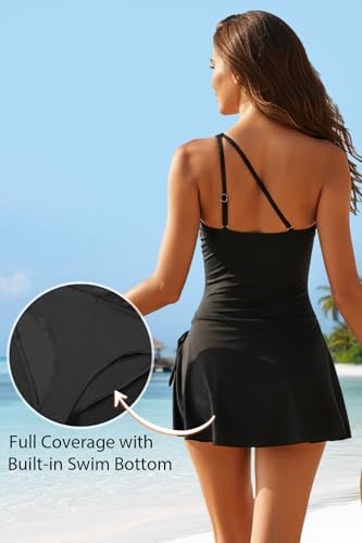 Women One Piece Swim Dress - Large Black One Shoulder Swimsuit