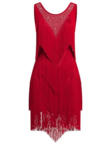 Red Rhinestones Layered Fringe Dance Dress for Women - Ballroom Latin Flapper Costume