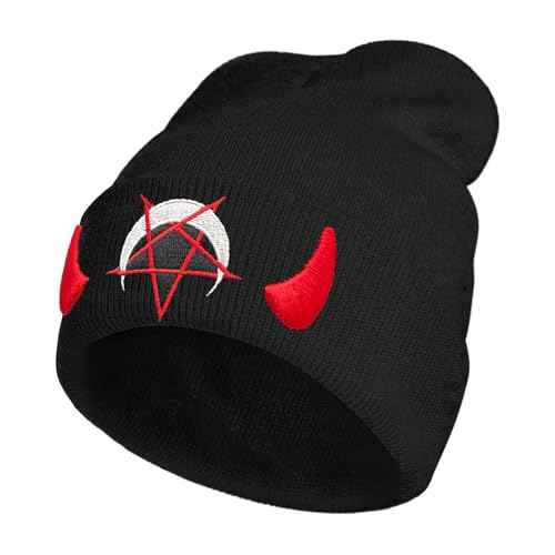 Spooky Horror Devil Horned Embroidery Beanie Knit Hat for Men Women, Casual Skull Knit Cap