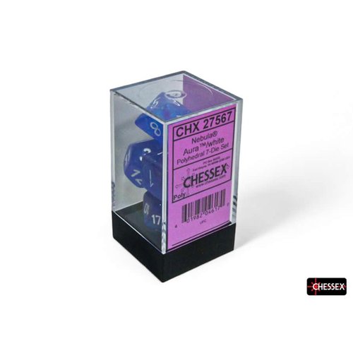 Aura Nebula Luminary Dice with White Numbers 16mm (5/8in) Set of 7 Chessex