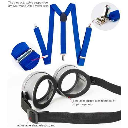 Halloween Costume for Adult Women,Goggles/Yellow Beanie/Blue Dress/Suspenders/Gloves Halloween Costume Accessories