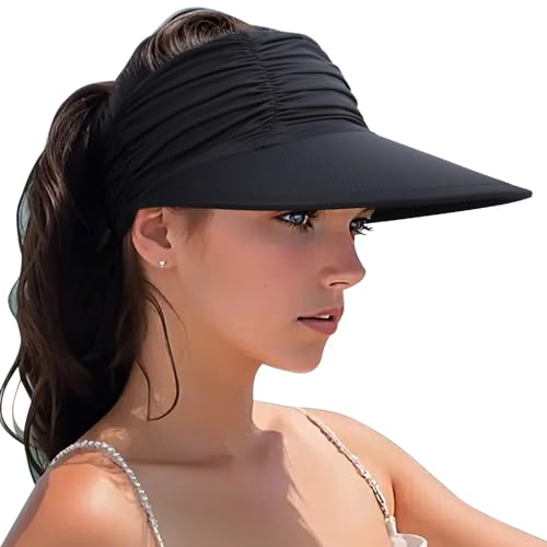 Women Visor Sun Hat - Black, Foldable Wide Brim UPF 50+ UV Protection