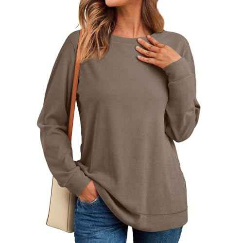 RUMIA Crewneck Fall Sweatshirts for Women Trendy- Women's Plain Long Sleeve Pullover Tops with Pockets Fashion