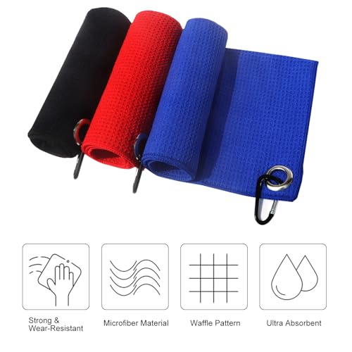 Golf Towel Set with Carabiner Clips - 3 Pack Microfiber Towels, 16x16 Inches, Black Red Blue