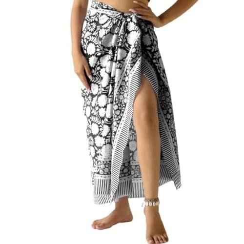 100% Cotton Sarong Coverup for Women Indian Hand Block Print Swimsuit Pareo Wrap Skirt Beach Bikini Cover Up Long (73" x 43")