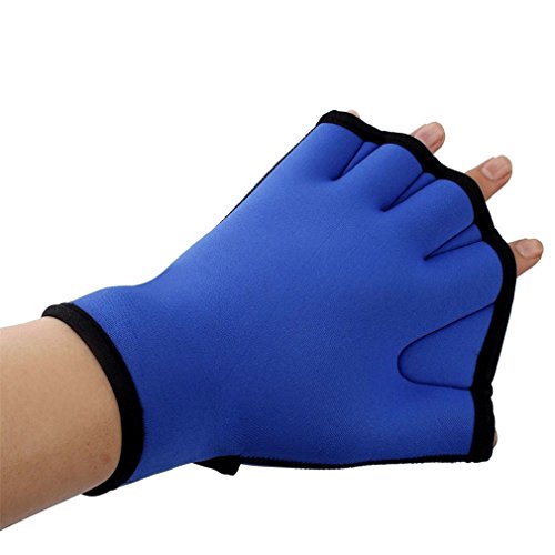 Water-Resistant Swim Gloves with Webbed Fingers - Neoprene Training Gloves for Aquatic Workouts (Blue / Medium)