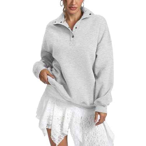 Womens Fleece Sweatshirts Oversized Henley Neck Long Sleeve Button Pullover Tops Trendy Outfits Clothes 2026