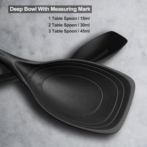 Vovoly Large Silicone Cooking Spoon Set Black - Deep Bowl & Measurement Mark, 2 PCs