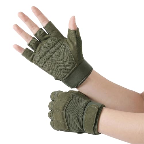 Kids Tactical Half Finger Cycling Gloves - Green, Anti-Slip, Adjustable Wrist