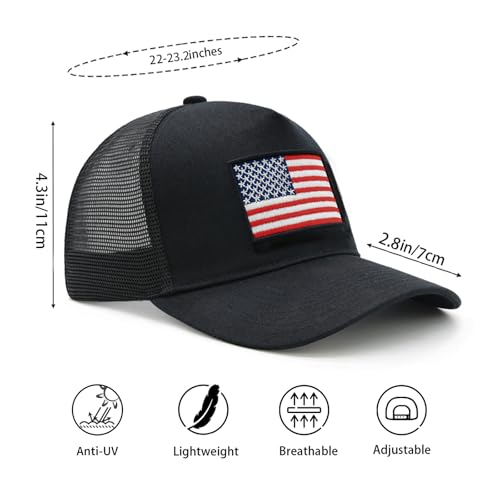 Black American Flag Trucker Hat for Men and Women, Adjustable USA Baseball Cap