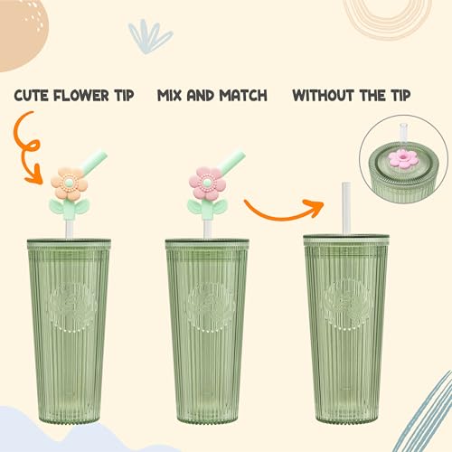 Bzyoo 26oz BPA-Free Tumbler with Straw & Lid - Green Flower Variation