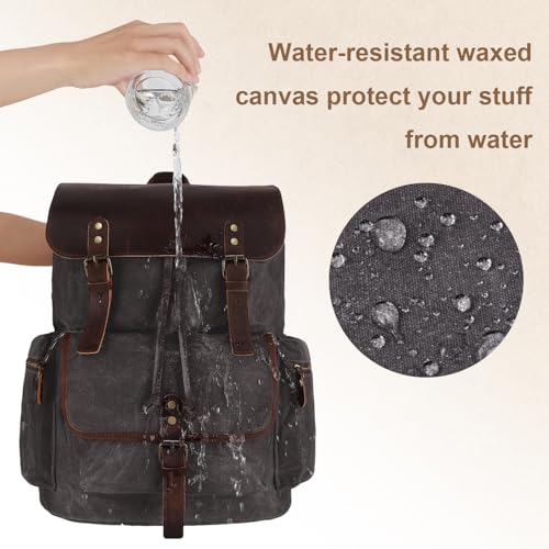 Dark Grey Vintage Waxed Canvas Backpack with Leather Accents