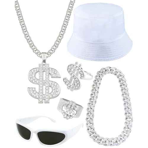 6Pack 90s 80s Hip Hop Costumes Kit for Men 2000s Y2K Sunglasses Rings Hat Rapper Outfit Accessories for Themed Party