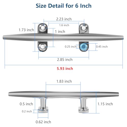 6 Inch Stainless Steel Dock Cleat 2 Pack with Backing Plate Heavy Duty Marine Hardware