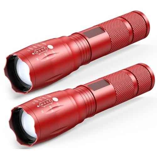 1 Mode Flashlights 2 Pack, Super Bright Zoomable LED Tactical Flashlight High Lumens, Water Resistant Portable Pocket Flash Light for Emergency, Camping, Home, and Gift - Red