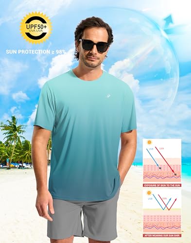 Men's UPF 50+ Quick Dry Water Beach Rash Guard Shirt Gradient Blue Fish XL - Sun Protection Swimwear