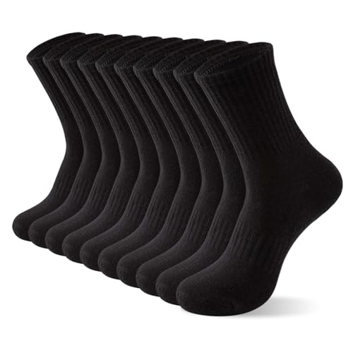 Men's Cotton Crew Socks - Athletic Lightweight Long Boot Socks 5 Pairs - Black 9-11