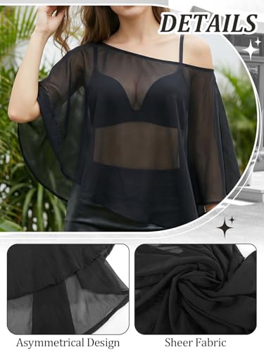 Women’s Chiffon Cape Mesh Sheer Poncho Top - Black, One Size Summer Beach Cover Up
