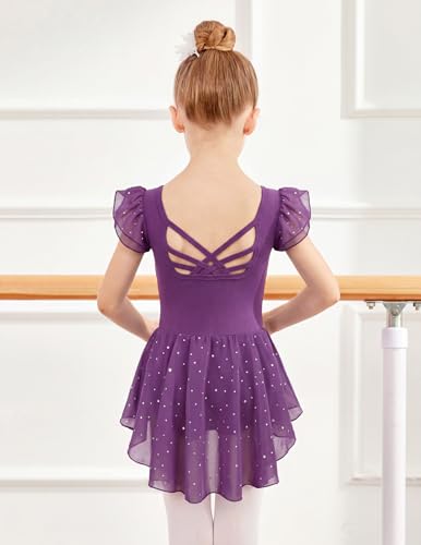 Girls Ruffle Sleeve Ballet Leotard with Criss-Cross Back - Dark Purple, 6-7 Years