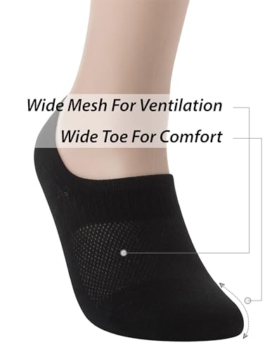 Large Black No Show Socks 6 Pack - Seamless Wide Toe Box Footies for Men & Women