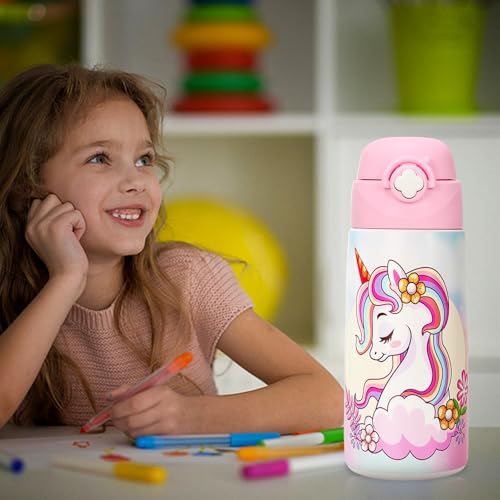 Kids Insulated Water Bottle with Pop-Up Straw 16oz Dinosaur Design - Blue
