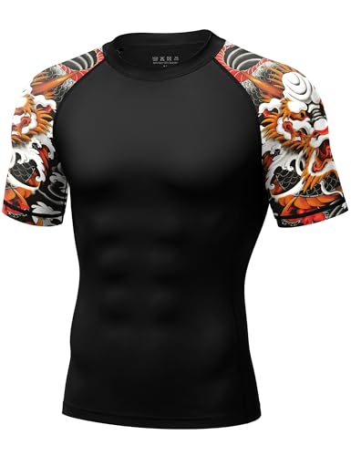 Roadbox Men's BJJ Rash Guard Short Sleeve - Large / Black & Orange Dragon