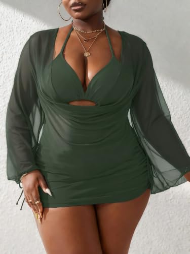 Plus Size Women's Halter Bikini Set X-Large Army Green 3 Piece Swimsuit Cover Up
