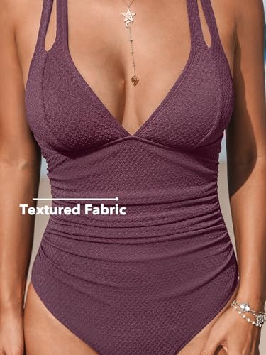 Women's Tummy Control One-Piece Swimsuit Crossback Bathing Suit Large Purple Brown